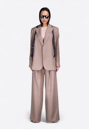 Front view of beige leather belted blazer, East Vibe